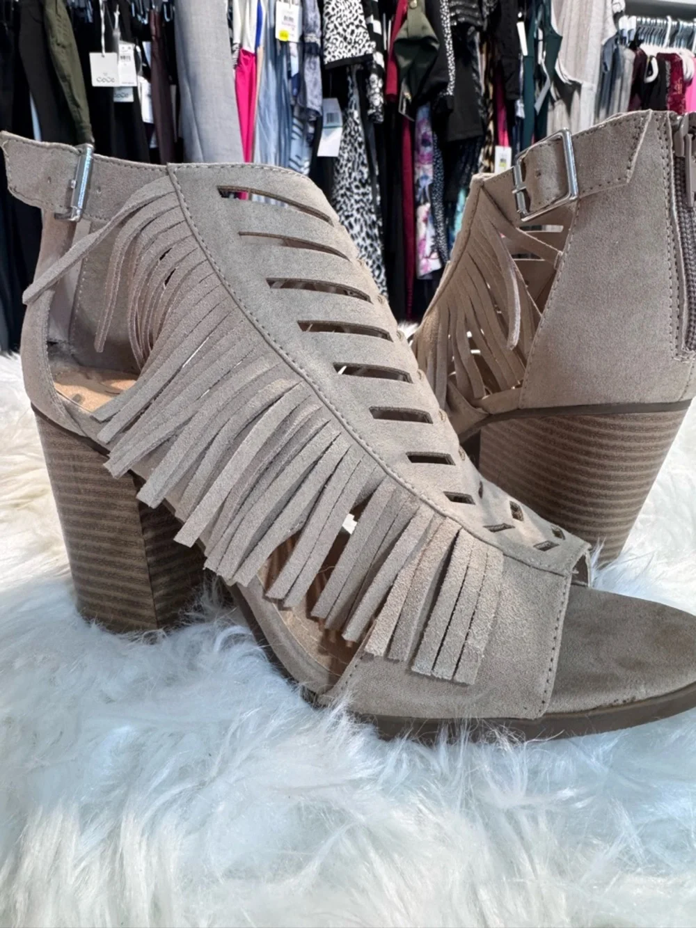 sugar Fringe Suede Open-Toe Block Heel Sandals - Taupe Size 8.5